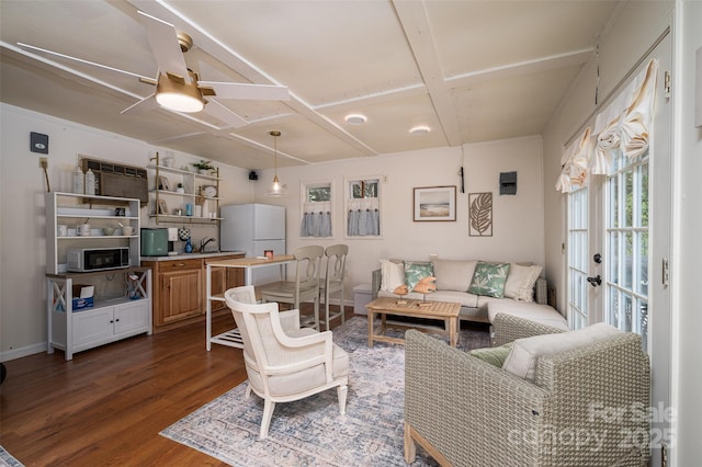 1575 Lewis Farm Rd, Kings Mountain, NC 28086 - living area with coffered ceiling, dark wood-style floors, a ceiling fan, and baseboards