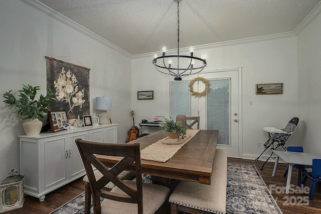 1575 Lewis Farm Rd, Kings Mountain, NC 28086 - dining area featuring a chandelier, crown molding, dark wood-style floors, and a textured ceiling