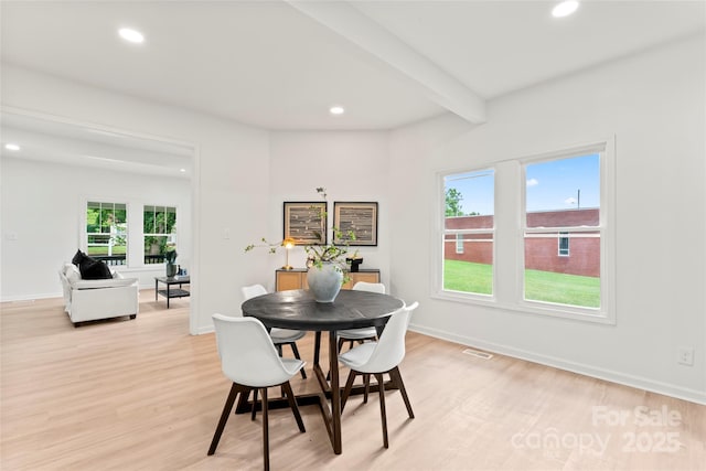815 E Second Ave, Gastonia, NC 28054 - dining room with recessed lighting, light wood-style floors, and beamed ceiling