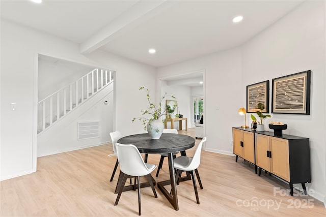815 E Second Ave, Gastonia, NC 28054 - dining space featuring stairs, light wood-style flooring, recessed lighting, and beam ceiling