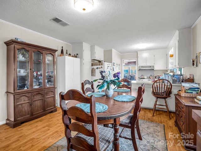 dining room featuring light wood-style flooring, crown molding, and a textured ceiling