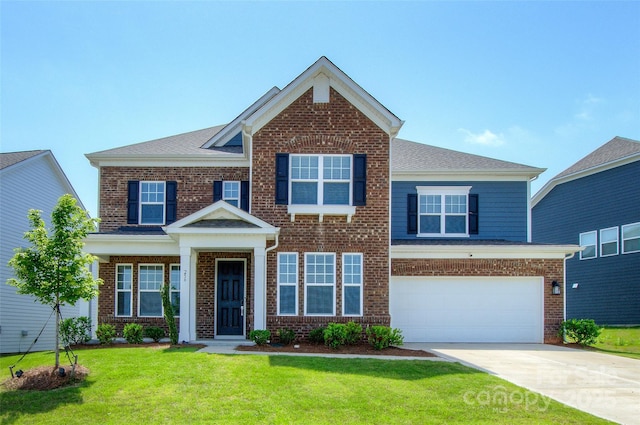 256 W Waterlynn Rd, Mooresville, NC 28117 - view of front facade featuring brick siding, driveway, a front yard, a garage, and roof with shingles