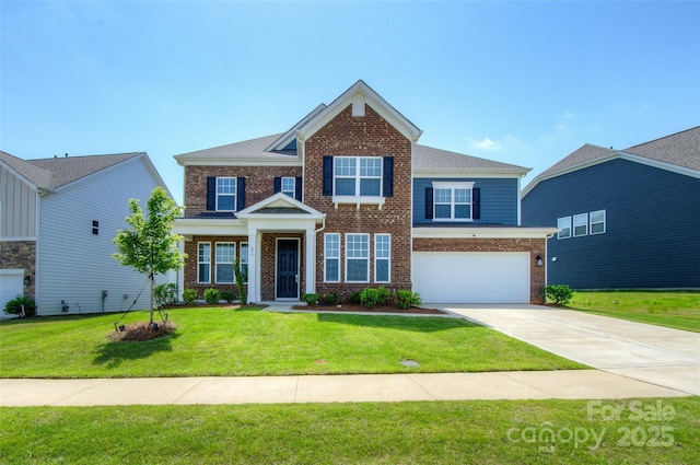 256 W Waterlynn Rd, Mooresville, NC 28117 - view of front of house featuring brick siding, concrete driveway, a front lawn, and an attached garage