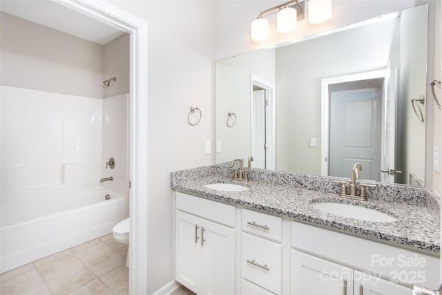 256 W Waterlynn Rd, Mooresville, NC 28117 - full bath featuring toilet, double vanity, shower / bathtub combination, and tile patterned floors