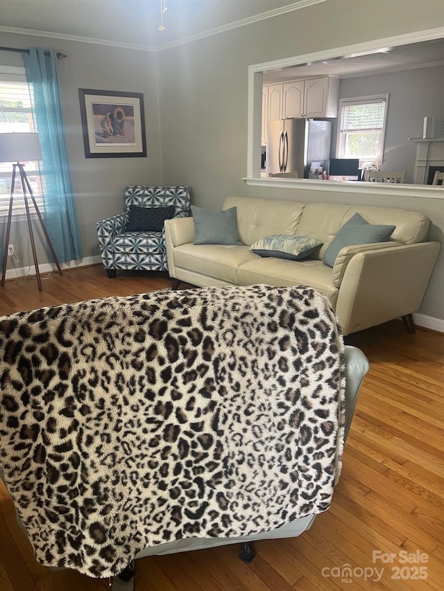 living area featuring ornamental molding, wood-type flooring, and baseboards