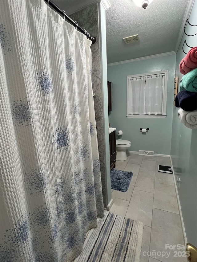 full bath with ornamental molding, toilet, vanity, tile patterned floors, and a shower with curtain