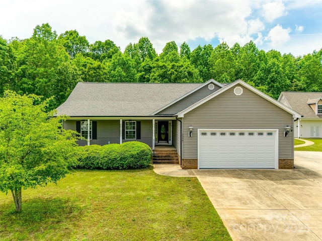 2027 Ellison Dr, Rock Hill, SC 29730 - ranch-style house with a garage, driveway, covered porch, a front lawn, and roof with shingles