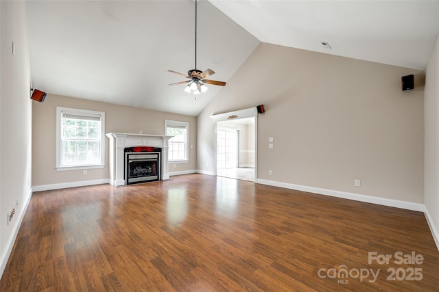 2027 Ellison Dr, Rock Hill, SC 29730 - unfurnished living room with ceiling fan, a fireplace, high vaulted ceiling, and wood finished floors