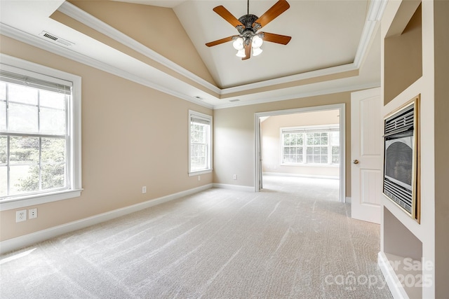 2027 Ellison Dr, Rock Hill, SC 29730 - unfurnished room with ceiling fan, light carpet, a fireplace with flush hearth, lofted ceiling, and ornamental molding