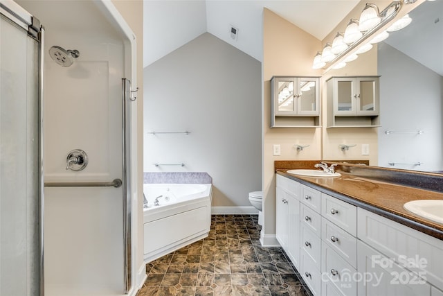 2027 Ellison Dr, Rock Hill, SC 29730 - bathroom featuring a shower stall, double vanity, lofted ceiling, and a bath