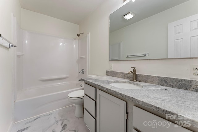 full bath featuring marble look tile flooring, vanity, toilet, and bathtub / shower combination