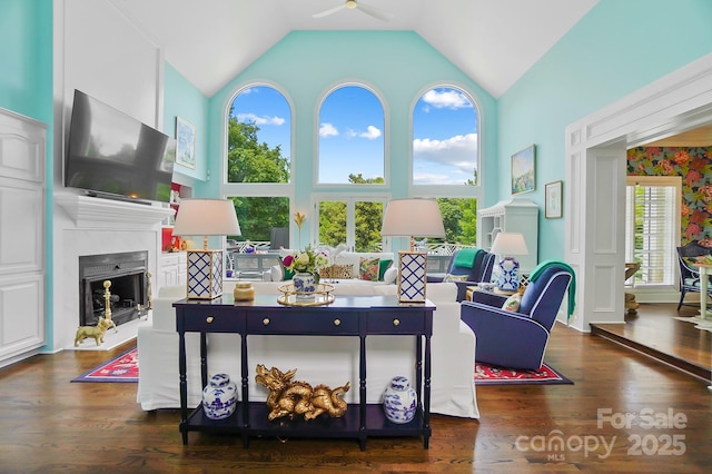 469 Valley Run Dr, Waxhaw, NC 28173 - living area featuring high vaulted ceiling, ceiling fan, a fireplace, and dark wood-style floors