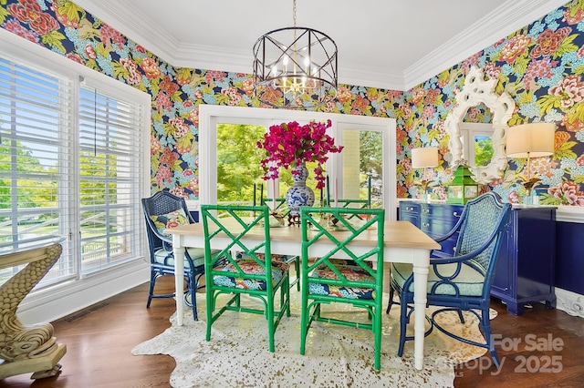 469 Valley Run Dr, Waxhaw, NC 28173 - dining room with wallpapered walls, a chandelier, ornamental molding, wood finished floors, and baseboards