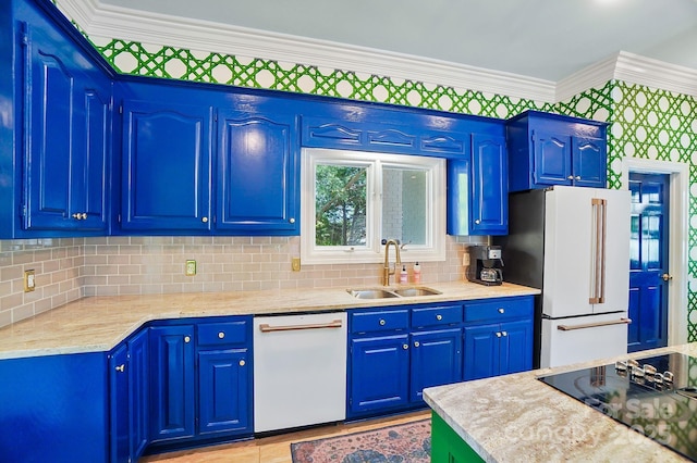469 Valley Run Dr, Waxhaw, NC 28173 - kitchen with white appliances, a sink, light countertops, crown molding, and backsplash