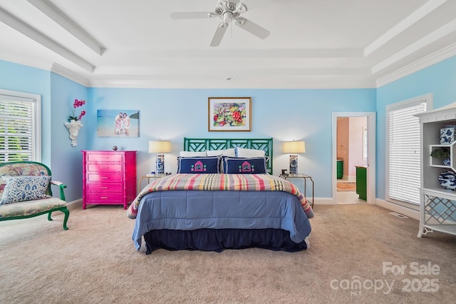 469 Valley Run Dr, Waxhaw, NC 28173 - bedroom with a raised ceiling, carpet flooring, multiple windows, crown molding, and baseboards