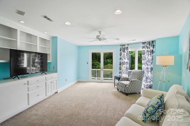 469 Valley Run Dr, Waxhaw, NC 28173 - living room with a ceiling fan, light colored carpet, baseboards, and recessed lighting