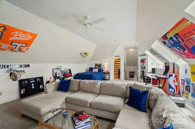 469 Valley Run Dr, Waxhaw, NC 28173 - living area featuring lofted ceiling, ceiling fan, carpet floors, and baseboards