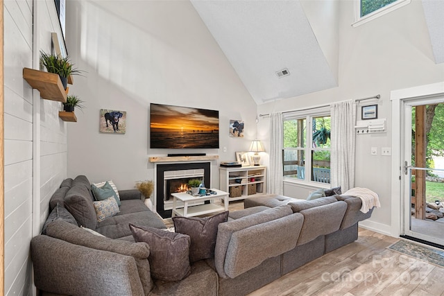 8007 Maxwelton Dr, Huntersville, NC 28078 - living room with high vaulted ceiling, light wood-style floors, a warm lit fireplace, and baseboards