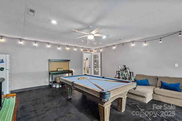 8007 Maxwelton Dr, Huntersville, NC 28078 - recreation room featuring ceiling fan, a textured ceiling, pool table, concrete floors, and baseboards