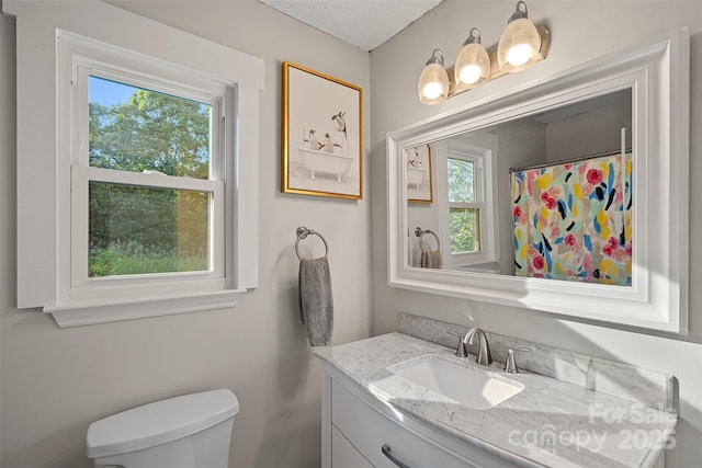 8007 Maxwelton Dr, Huntersville, NC 28078 - full bathroom featuring vanity, healthy amount of natural light, toilet, a textured ceiling, and a shower with shower curtain