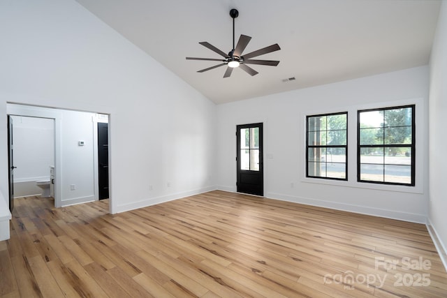 315 W Hoke St W, Landis, NC 28088 - unfurnished room with high vaulted ceiling, a ceiling fan, light wood-style floors, and baseboards