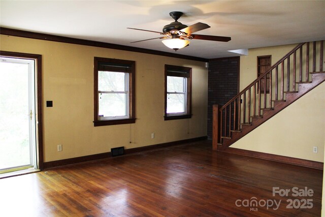 426/432 Maple St, Brevard, NC 28712 - unfurnished living room with stairway, wood finished floors, a ceiling fan, and baseboards