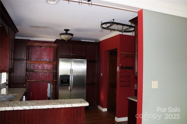 426/432 Maple St, Brevard, NC 28712 - kitchen with stainless steel refrigerator with ice dispenser, dark wood-type flooring, baseboards, crown molding, and a peninsula