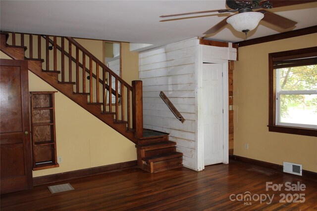 426/432 Maple St, Brevard, NC 28712 - staircase featuring wood finished floors, a ceiling fan, and baseboards