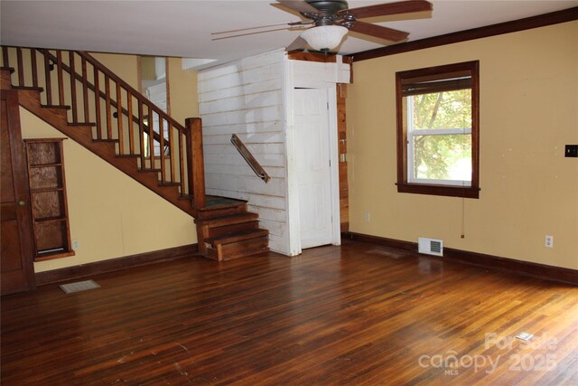 426/432 Maple St, Brevard, NC 28712 - unfurnished living room featuring wood finished floors, ceiling fan, stairway, and baseboards