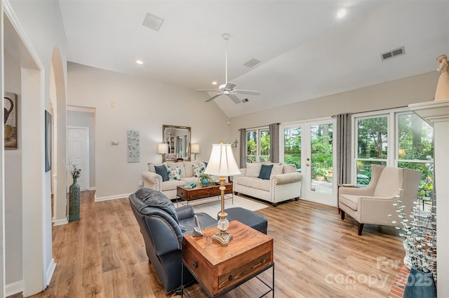 5208 Black Oak Ln, Waxhaw, NC 28173 - living area featuring a ceiling fan, light wood finished floors, baseboards, recessed lighting, and high vaulted ceiling