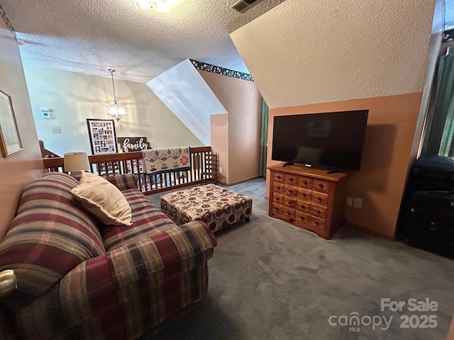 2815 Penny Park Dr, Gastonia, NC 28052 - carpeted living room featuring a textured ceiling and vaulted ceiling