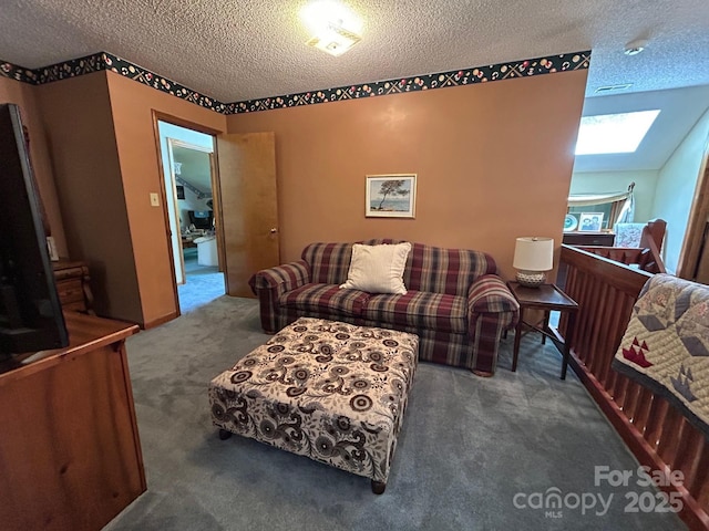 2815 Penny Park Dr, Gastonia, NC 28052 - living area with carpet flooring, a textured ceiling, and a skylight