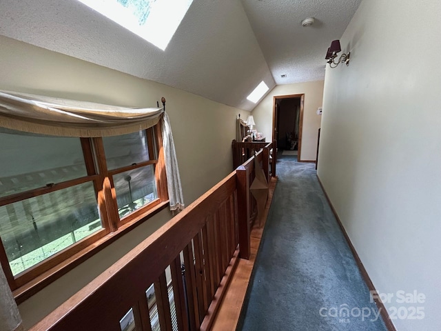 2815 Penny Park Dr, Gastonia, NC 28052 - hall featuring a textured ceiling, carpet, a skylight, and vaulted ceiling