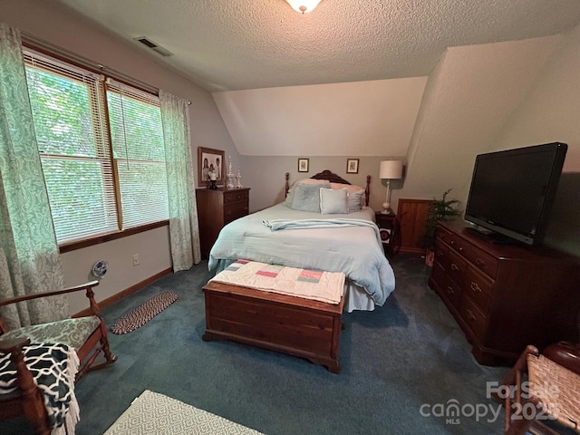 2815 Penny Park Dr, Gastonia, NC 28052 - bedroom with a textured ceiling, lofted ceiling, carpet, and baseboards