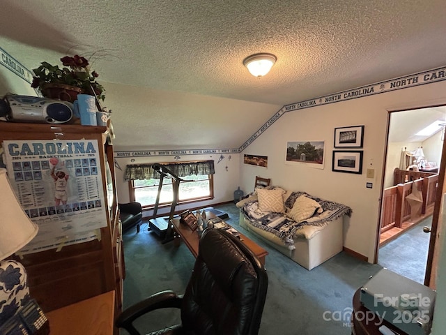 2815 Penny Park Dr, Gastonia, NC 28052 - bedroom with carpet, a textured ceiling, lofted ceiling, and baseboards