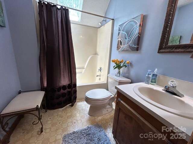 2815 Penny Park Dr, Gastonia, NC 28052 - full bath with shower / bath combo with shower curtain, toilet, vanity, and a textured ceiling
