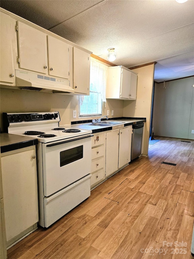 219 Watterson Rd, Grover, NC 28073 - kitchen with electric stove, under cabinet range hood, dishwasher, light wood-style flooring, and a textured ceiling