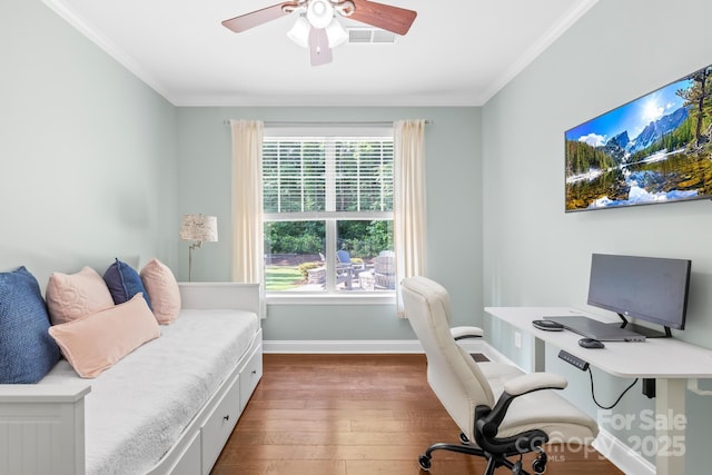 3918 Halcyon Dr, Huntersville, NC 28078 - office with wood-type flooring, a ceiling fan, ornamental molding, healthy amount of natural light, and baseboards
