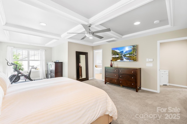 3918 Halcyon Dr, Huntersville, NC 28078 - bedroom with coffered ceiling, light carpet, baseboards, beam ceiling, and ceiling fan
