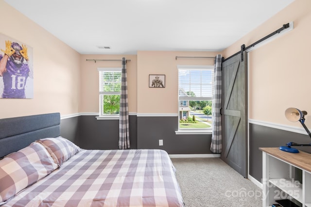 3918 Halcyon Dr, Huntersville, NC 28078 - bedroom featuring carpet floors, baseboards, and a barn door