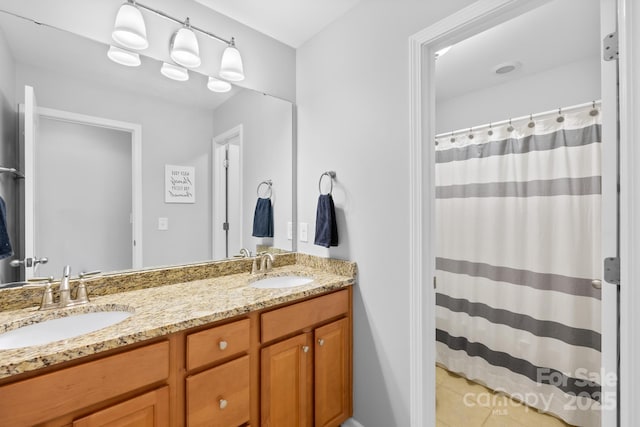 3918 Halcyon Dr, Huntersville, NC 28078 - full bath with double vanity, tile patterned floors, and curtained shower
