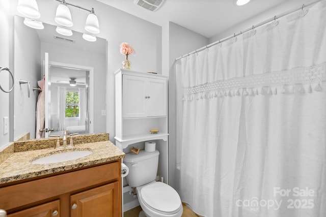3918 Halcyon Dr, Huntersville, NC 28078 - full bath with vanity, toilet, a ceiling fan, and a shower with curtain