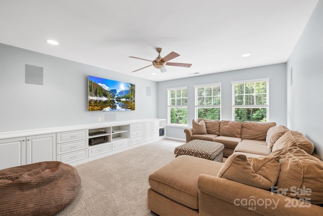 3918 Halcyon Dr, Huntersville, NC 28078 - living area with ceiling fan, carpet floors, and recessed lighting