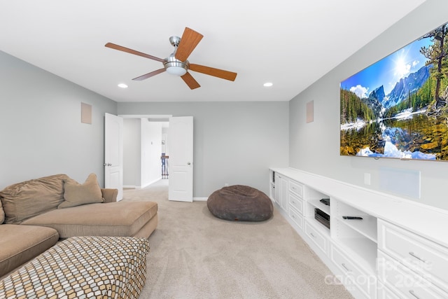 3918 Halcyon Dr, Huntersville, NC 28078 - living room featuring light colored carpet, recessed lighting, a ceiling fan, and baseboards