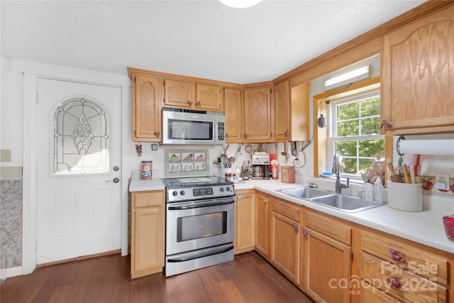 16 Julep Dr, Alexander, NC 28701 - kitchen with stainless steel appliances, a sink, dark wood-style floors, and light countertops