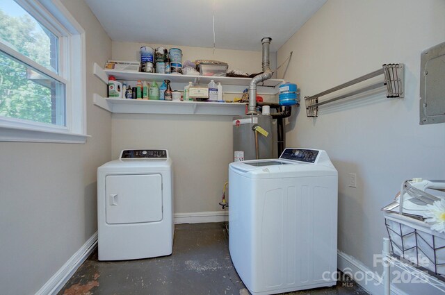 3951 Whitehall Dr, Charlotte, NC 28208 - washroom featuring washer and dryer, water heater, electric panel, and baseboards