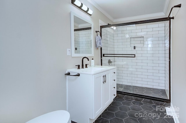 3951 Whitehall Dr, Charlotte, NC 28208 - full bath with a shower stall, toilet, tile patterned flooring, crown molding, and vanity