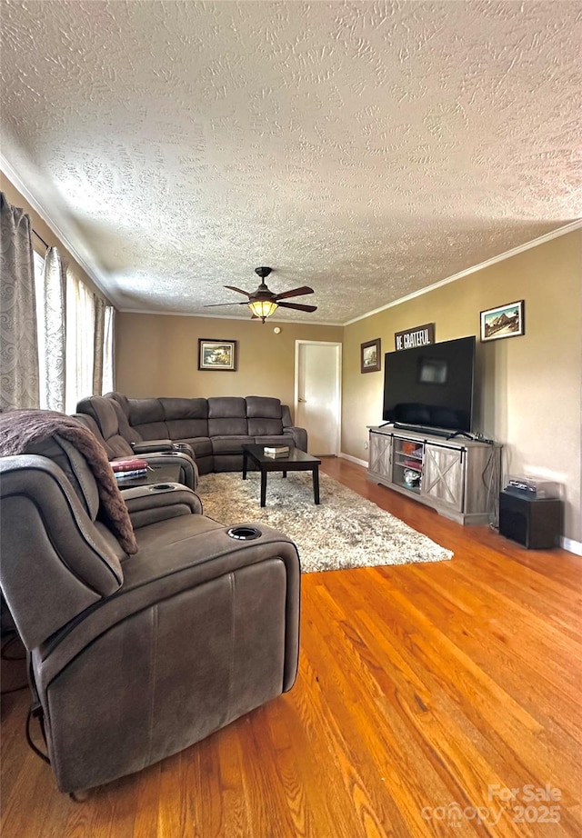49 Perseverance Dr, Canton, NC 28716 - living room with a ceiling fan, a textured ceiling, wood finished floors, ornamental molding, and baseboards