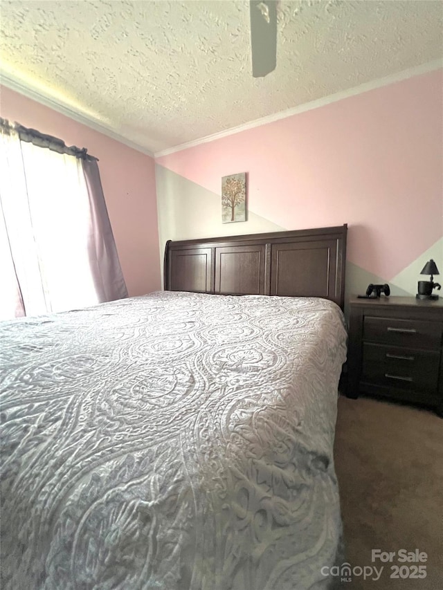 49 Perseverance Dr, Canton, NC 28716 - carpeted bedroom featuring a textured ceiling, ornamental molding, and a ceiling fan