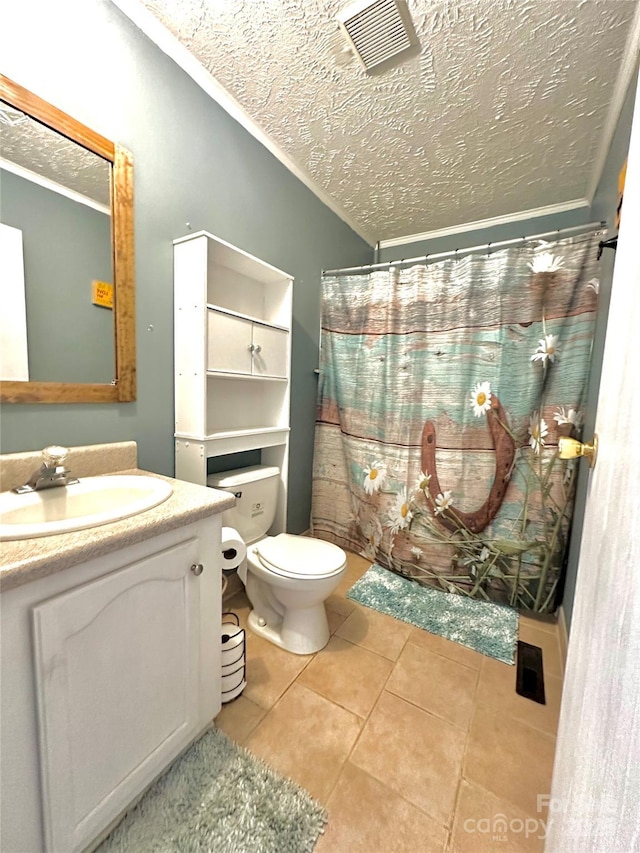 49 Perseverance Dr, Canton, NC 28716 - bathroom featuring ornamental molding, vanity, tile patterned floors, toilet, and a textured ceiling